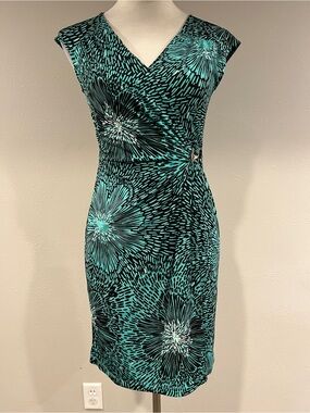 Sleeveless green and Black Floral Sheath Dress size PXS